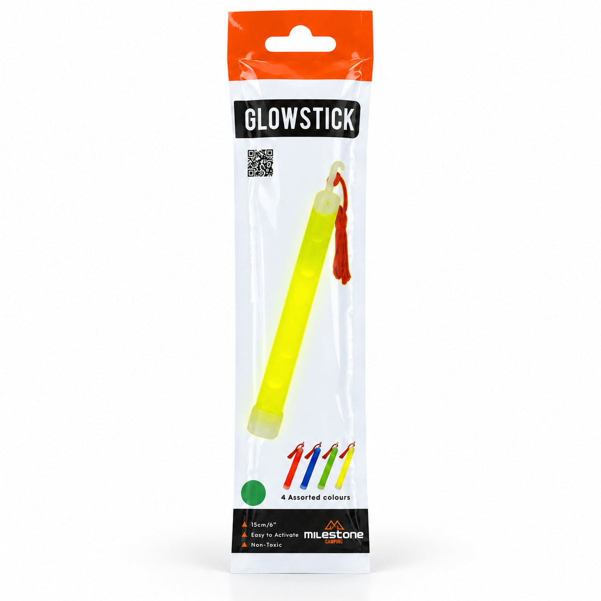 Single individually packaged 6 inch Milestone Camping glow stick with lanyard and assorted colour information