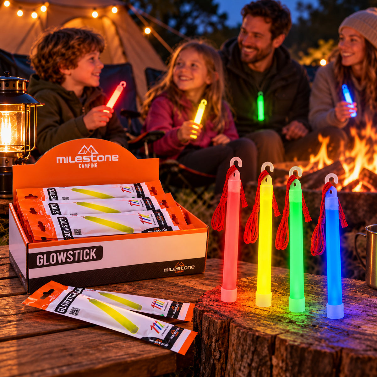 Illustrative camping evening scene showing neon glow sticks in red yellow green and blue