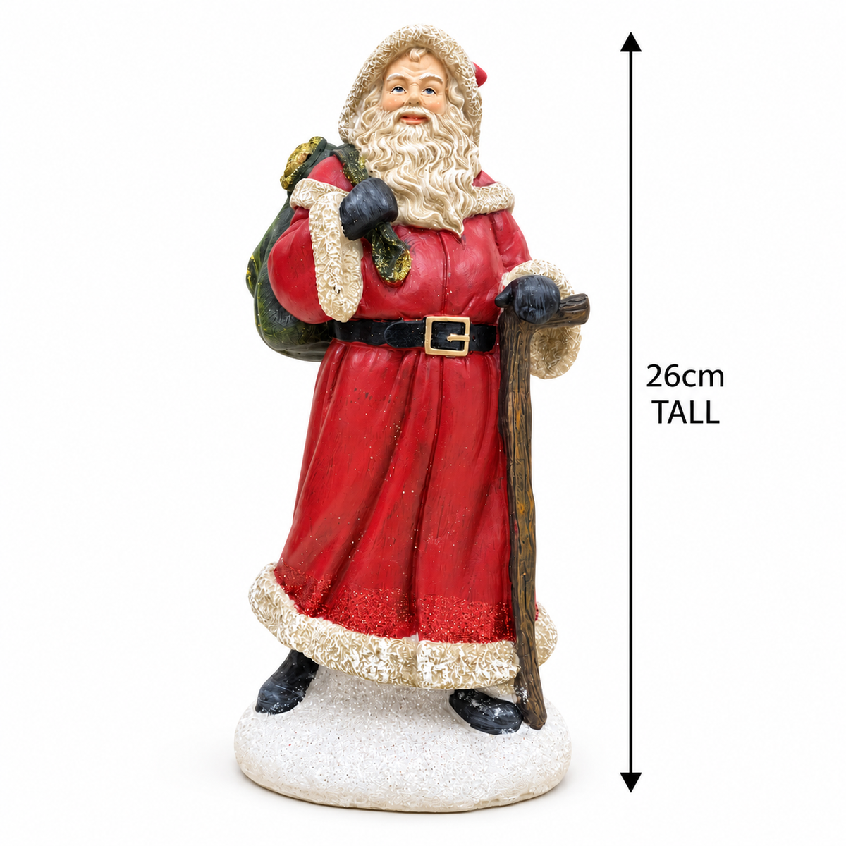 Red Santa Christmas ornaments with gifts in a festive home display