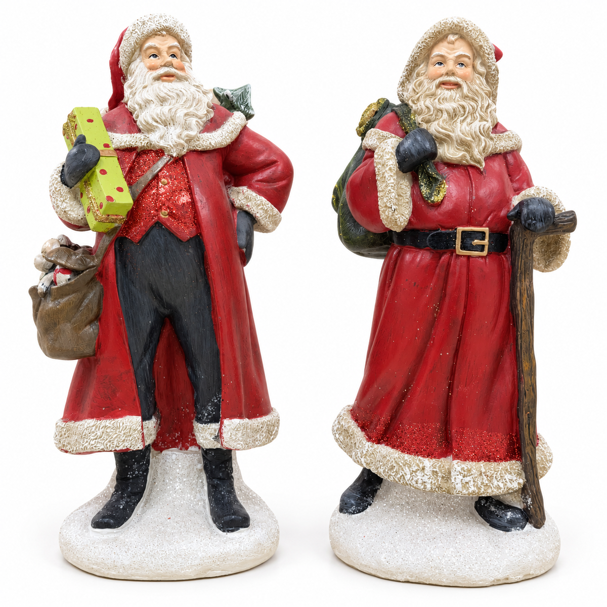 Pair of 26cm red Santa Christmas ornaments with gifts, front view