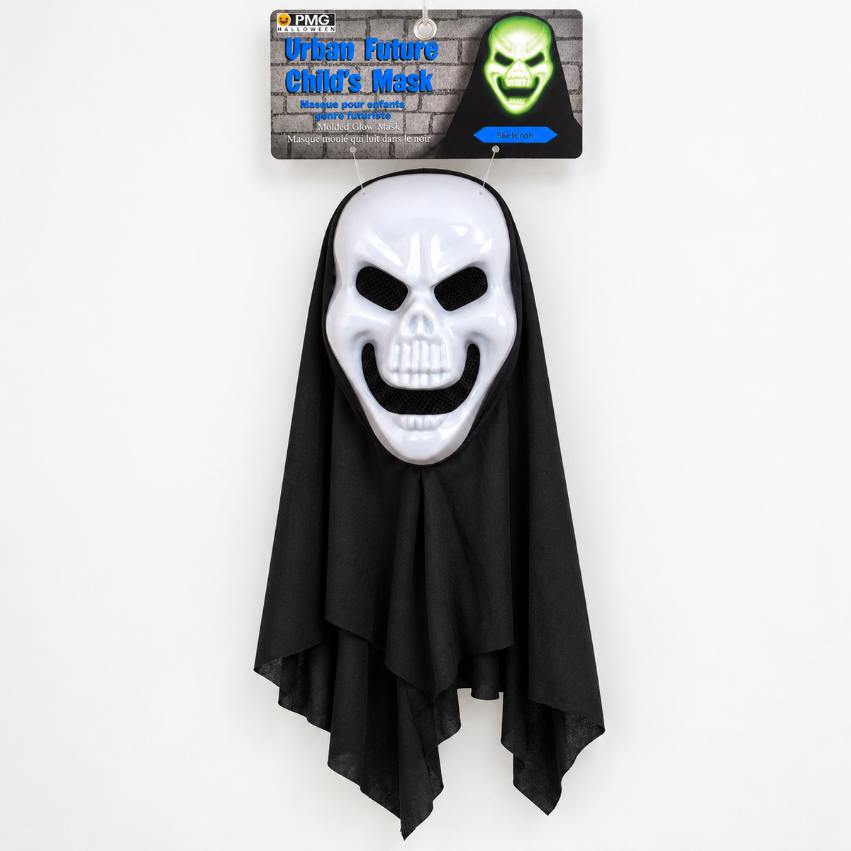 PMG Urban Future child's glow-in-the-dark skeleton mask and black drape with packaging card on white; illustrative product image