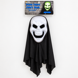 PMG Urban Future child's glow-in-the-dark skeleton mask and black drape with packaging card on white; illustrative product image