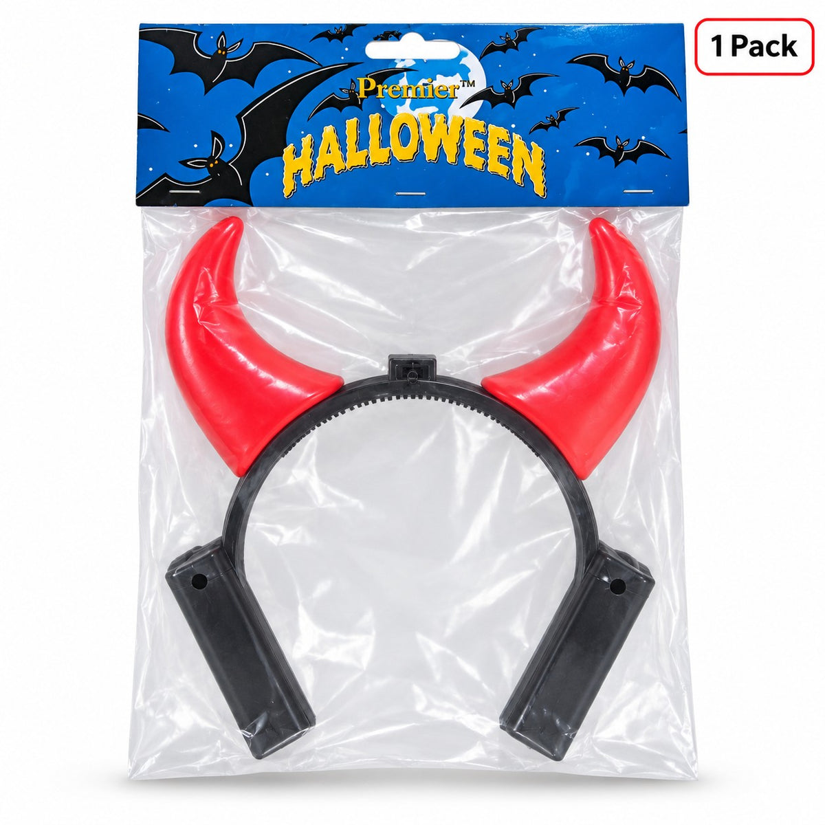Single Premier light-up red devil horns headband in retail packaging, 1 pack