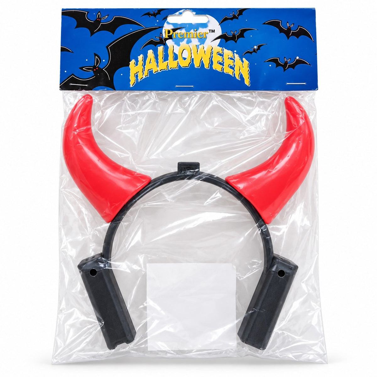Premier children's red light-up devil horns headband in original Halloween packaging on a white background