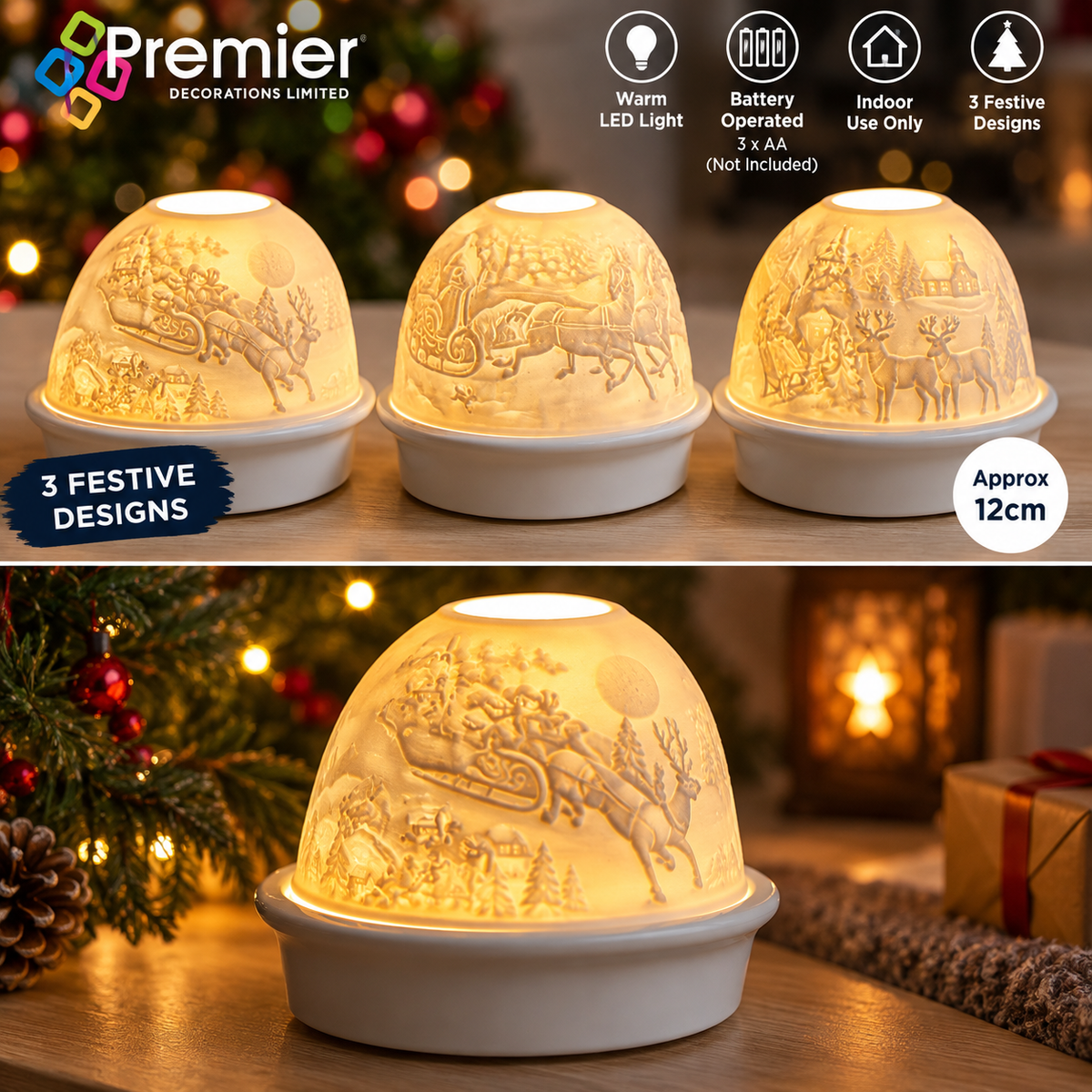 Premier 12cm battery operated LED ceramic Christmas night light features and three festive designs