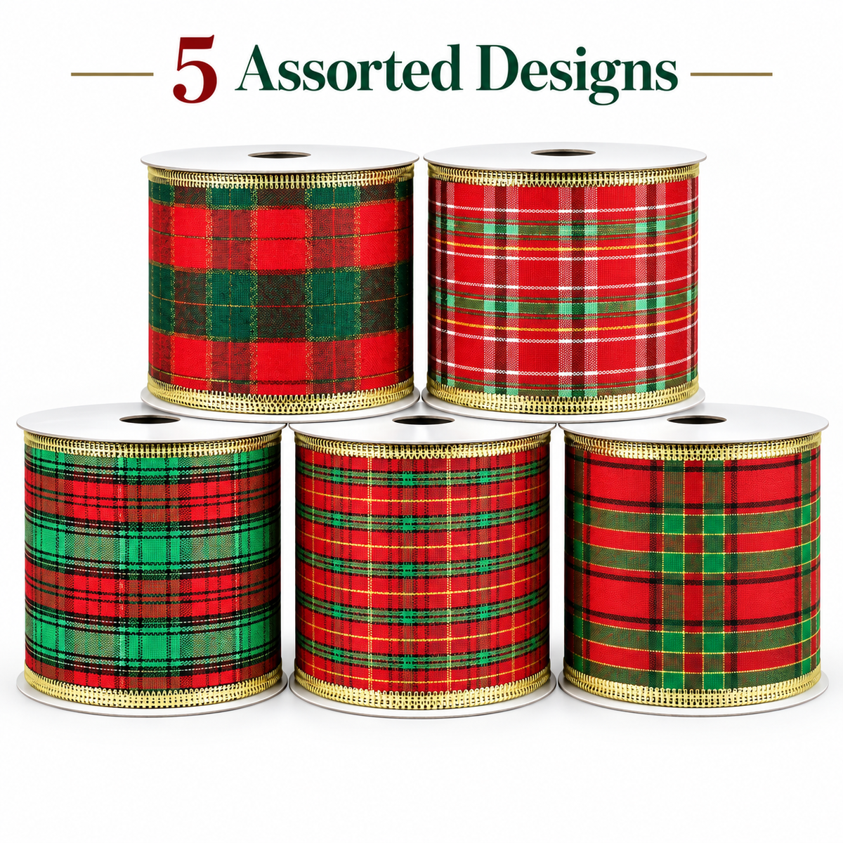 Five assorted Premier tartan Christmas ribbon designs