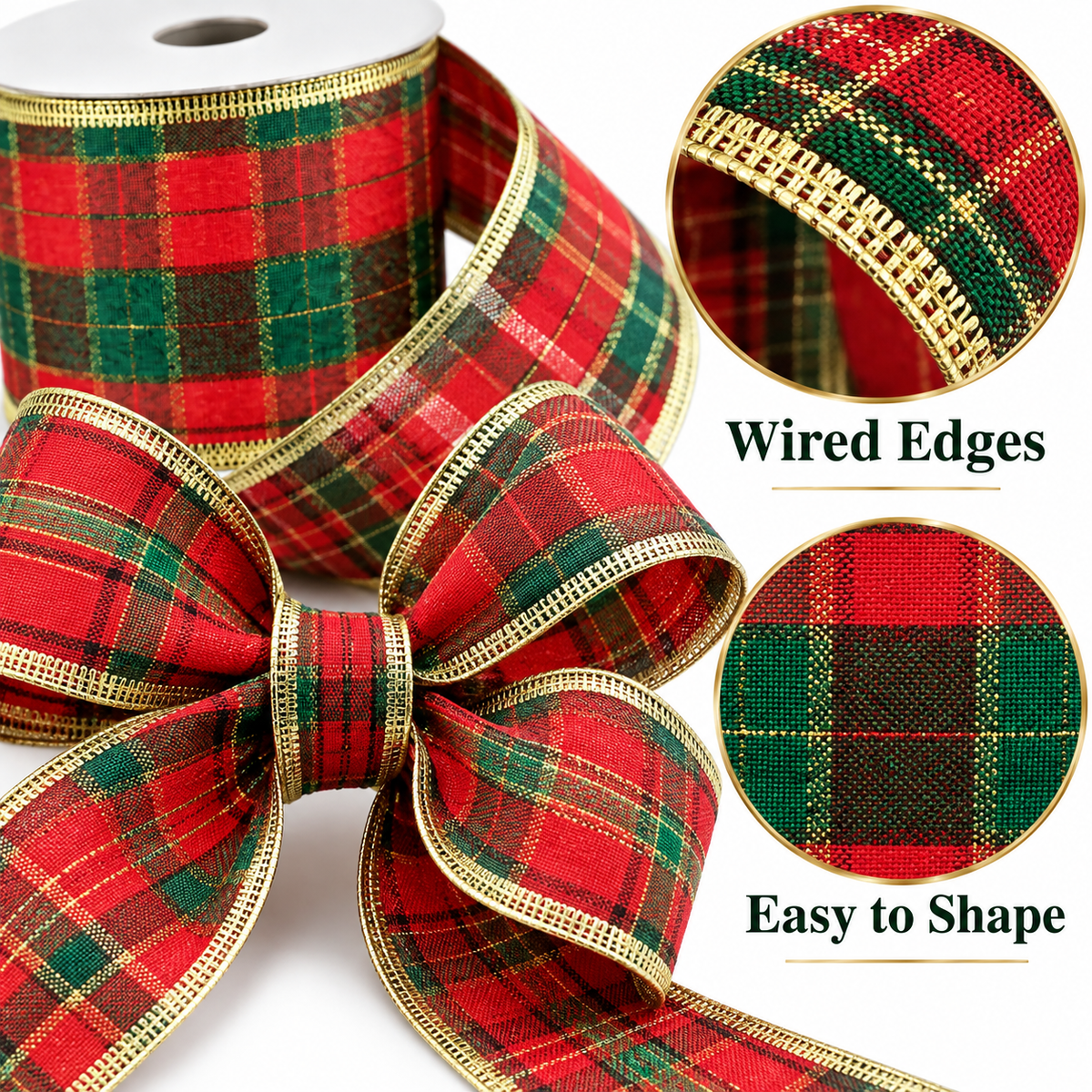 Tartan wired Christmas ribbon used to decorate a Christmas tree