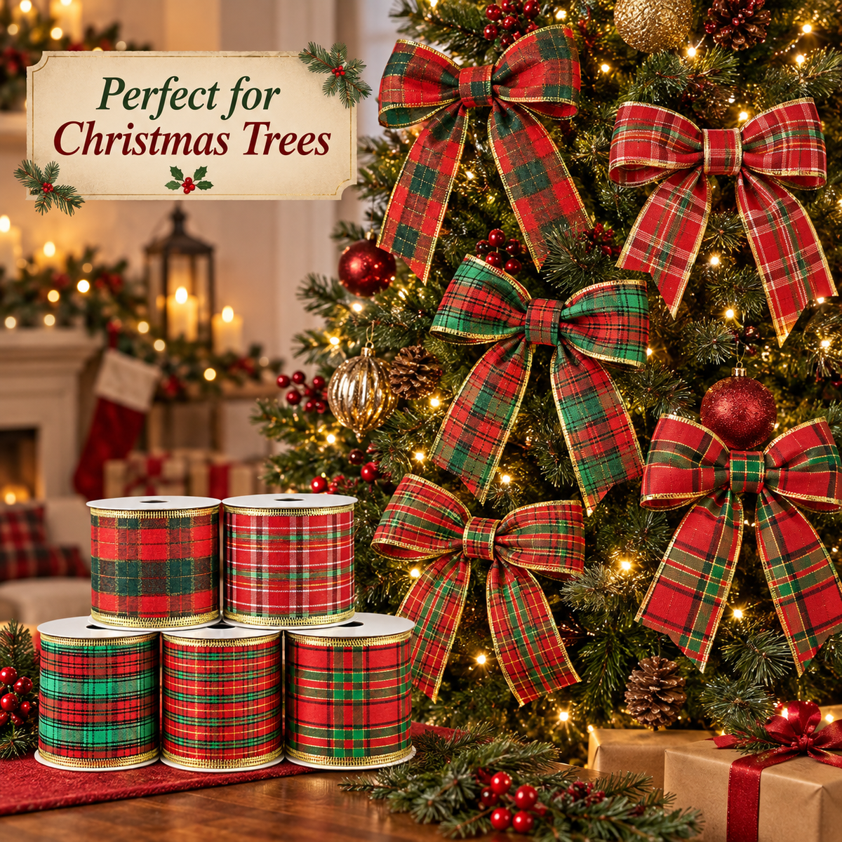 Premier tartan Christmas ribbon used on a festive wreath