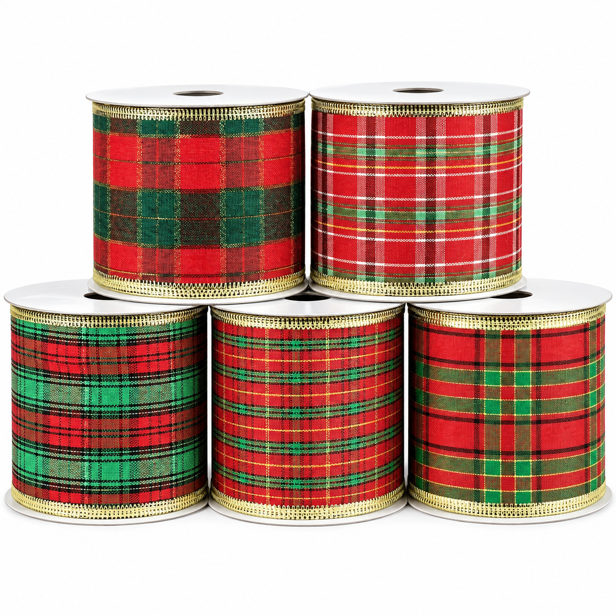 Premier wired tartan Christmas ribbon, 6cm x 2.7m, five assorted designs
