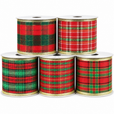 Premier wired tartan Christmas ribbon, 6cm x 2.7m, five assorted designs
