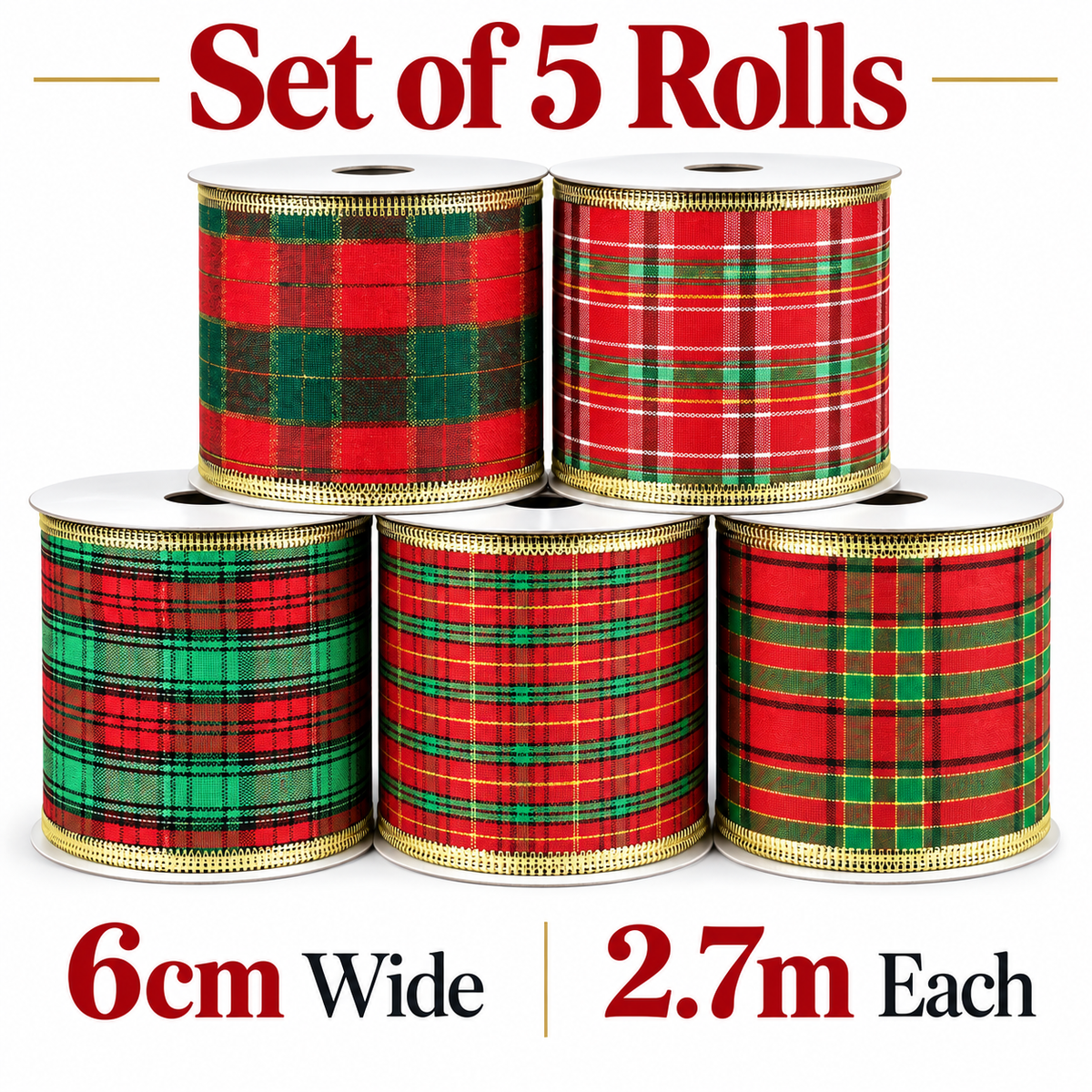 Close-up of Premier wire-edged tartan Christmas ribbon