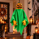 Evil pumpkin ghost hanging Halloween decoration in festive home hallway