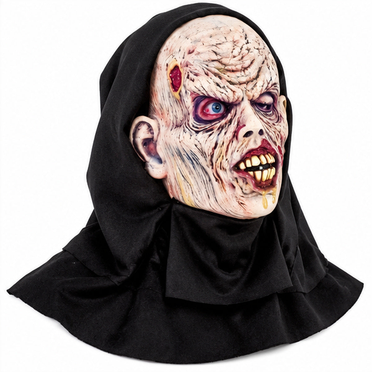 Side view of Putrid zombie Halloween face mask with black fabric hood