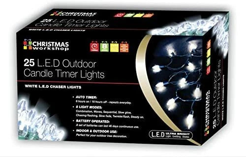 25 bright white LED battery candle string lights with timer