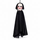SAW Jigsaw Billy puppet 15 inch hanging Halloween decoration with white face and black cloak on white background