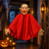 Halloween hanging demon scary red cape decoration in spooky hallway lifestyle setting