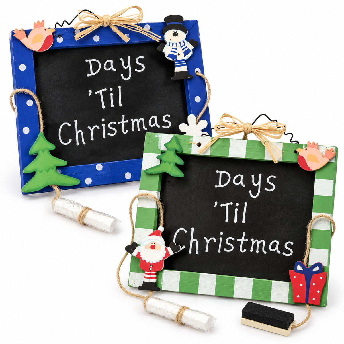 Two wooden Christmas countdown chalkboards in blue and green designs