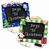 Two wooden Christmas countdown chalkboards in blue and green designs