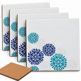 Set of 4 square floral cork backed drinks coasters blue white and turquoise 10cm