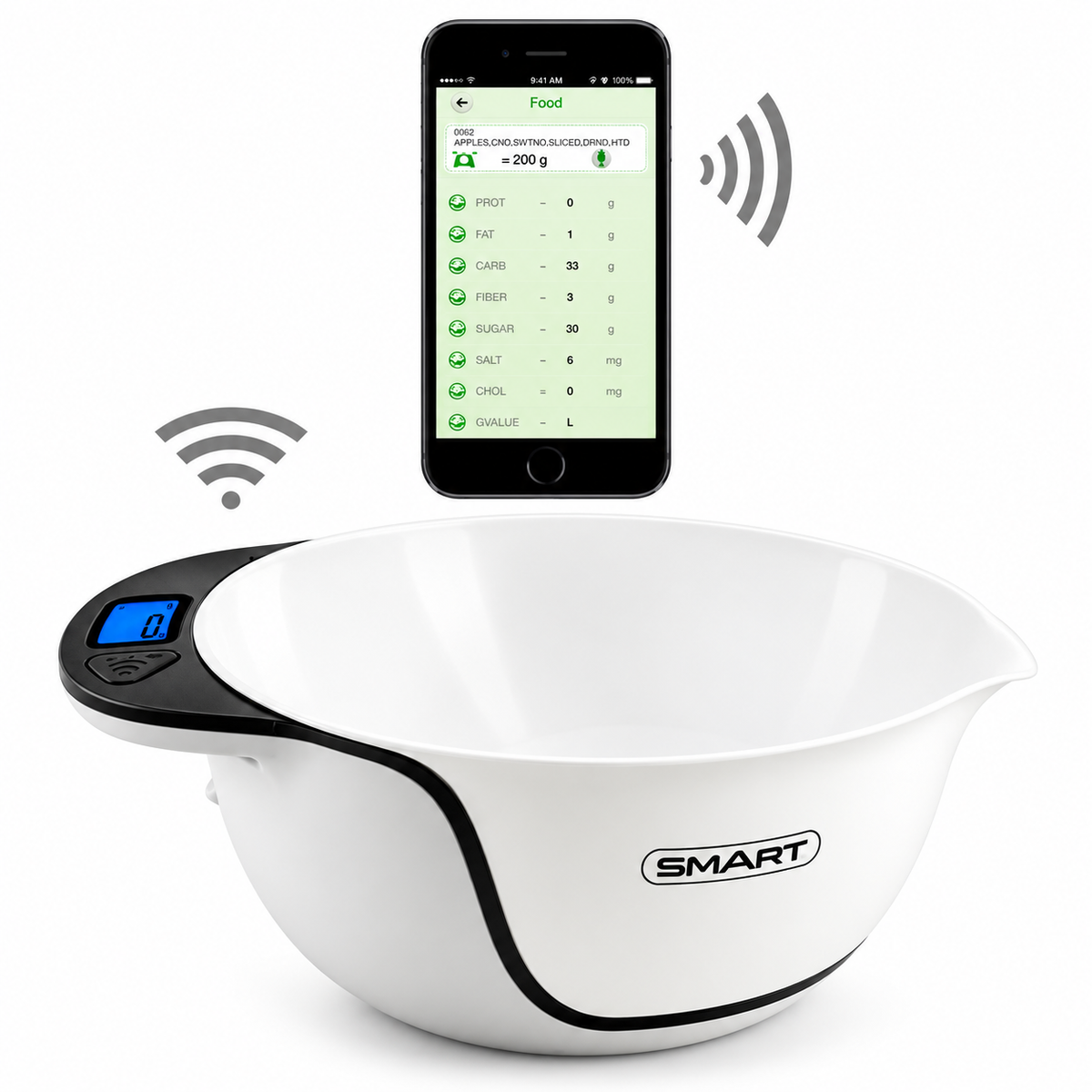 SMART SHSAP3000B digital kitchen nutrition scale with white bowl and smartphone app