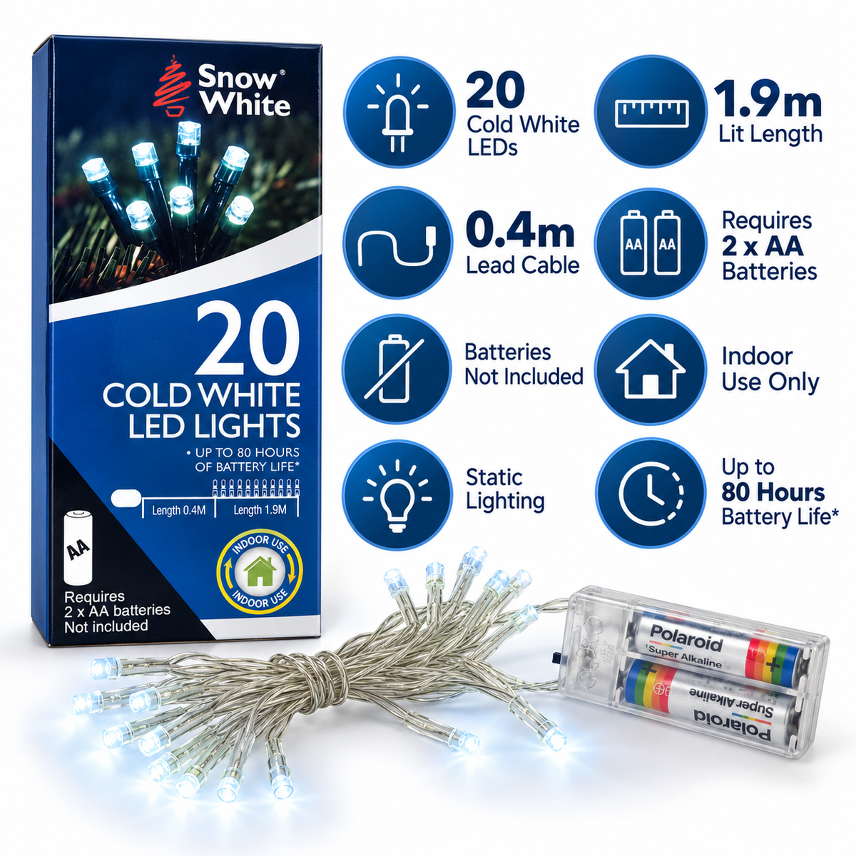 Snow White cold white battery LED fairy lights in a festive mantel display