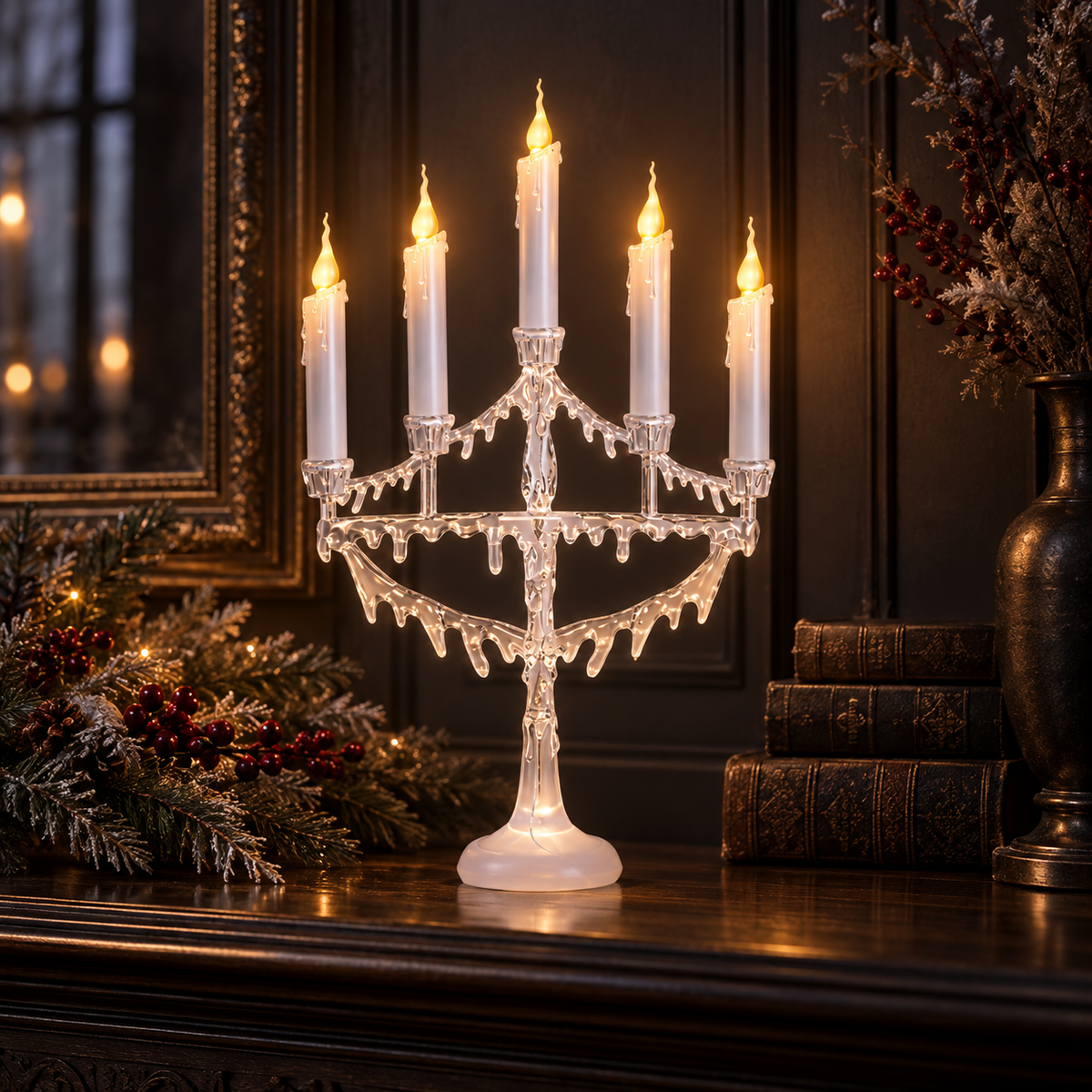 White five-candle flickering LED Christmas candelabra illuminated at night