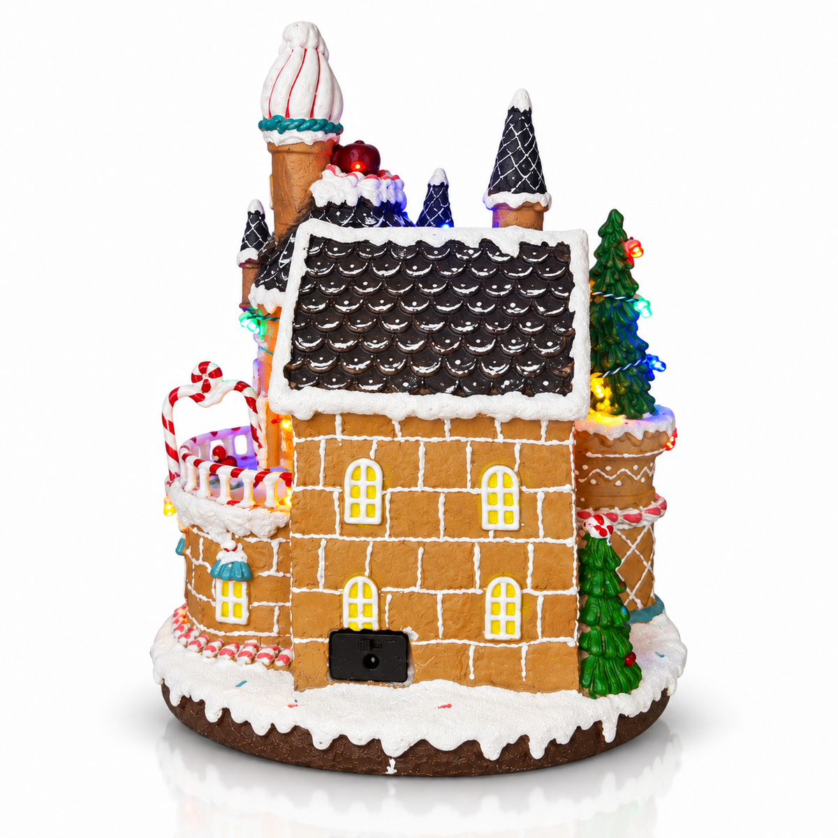Close-up of Widdop gingerbread house Christmas village details and LED lights