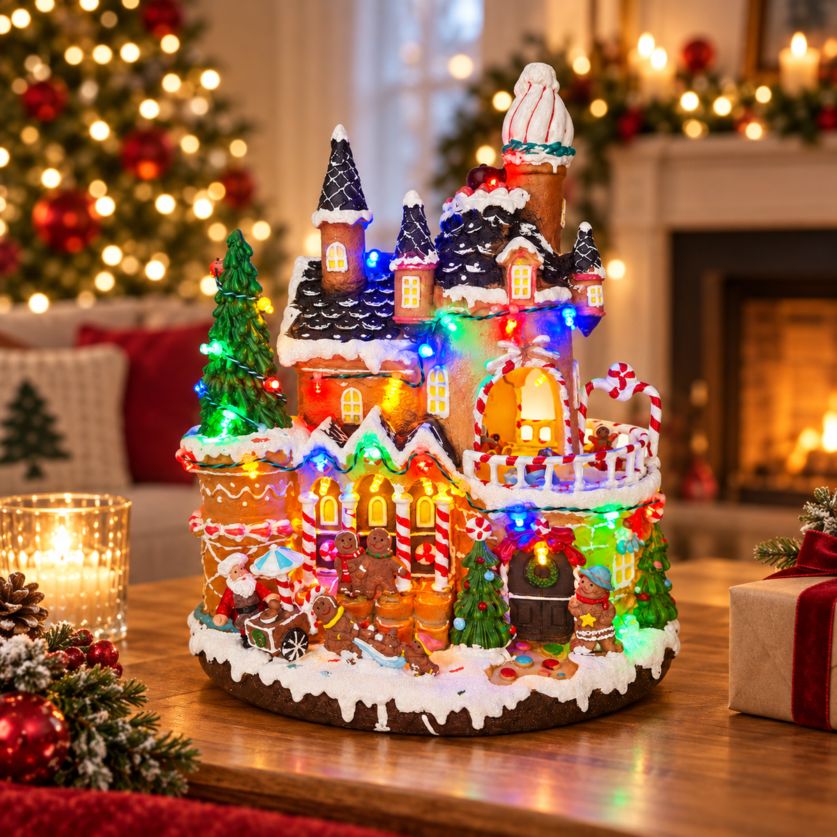 Widdop LED gingerbread house displayed in a festive Christmas setting