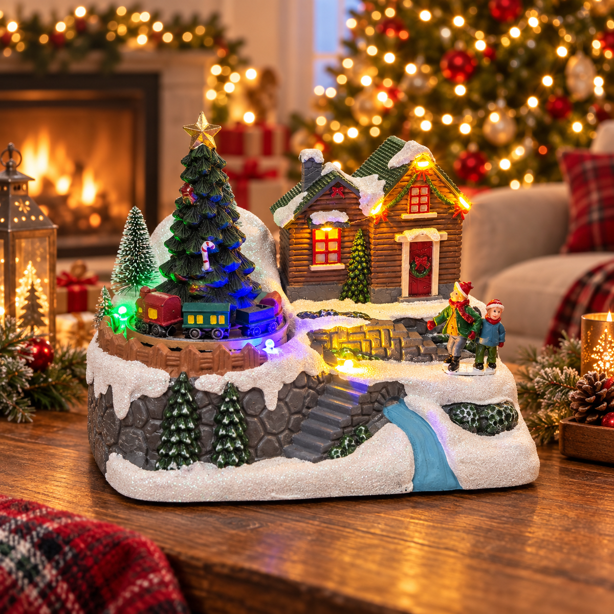Widdop XM6602 snowy Christmas village with moving train in a festive room display