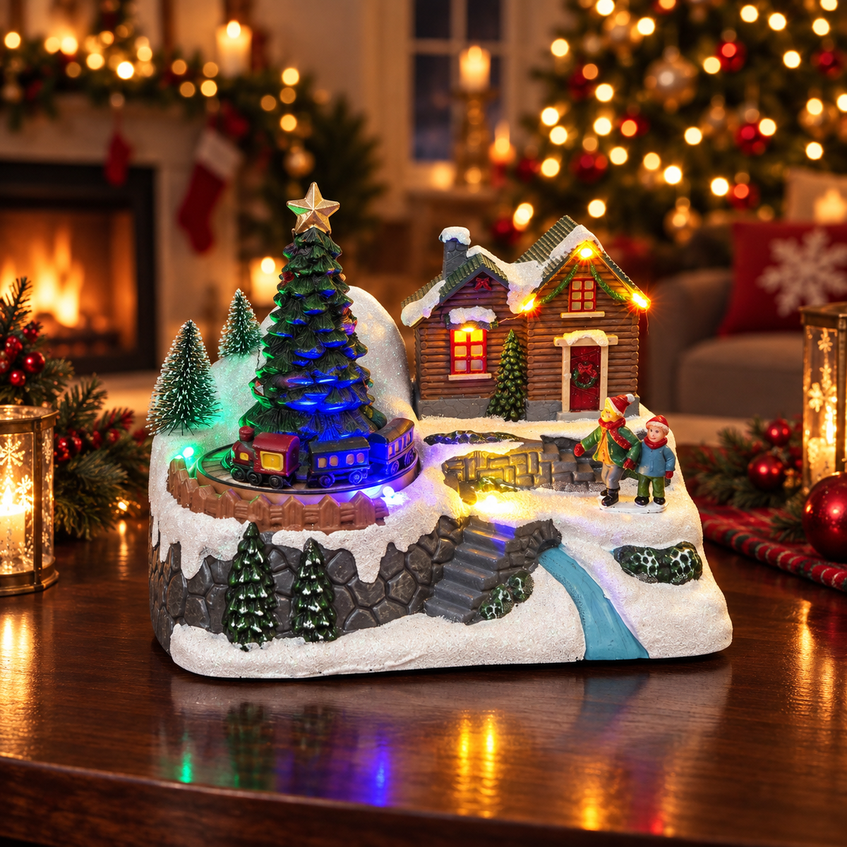 Close-up of the moving train and illuminated details on Widdop XM6602 Christmas village