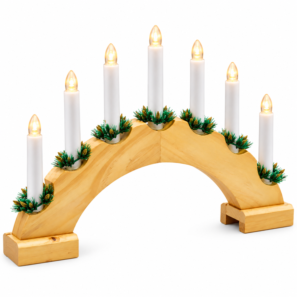 Angled view of wooden Christmas candle bridge with 7 warm white LED candles