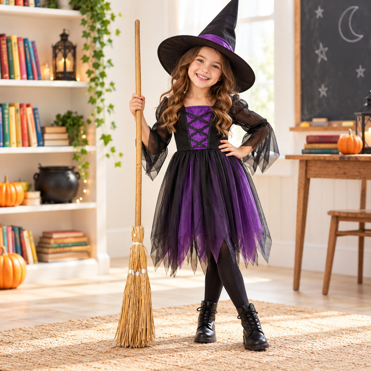 World Book Day witch fancy dress costume accessorised with natural straw broomstick