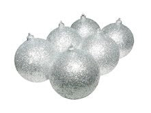 Six 60mm silver glitter Christmas baubles