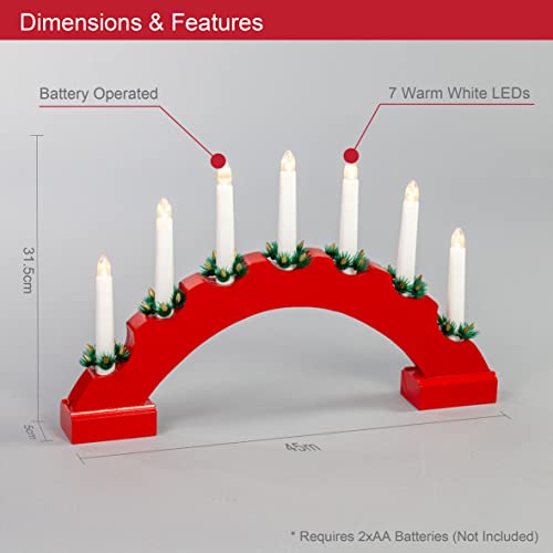 Red wooden Christmas candle bridge with seven warm white LEDs