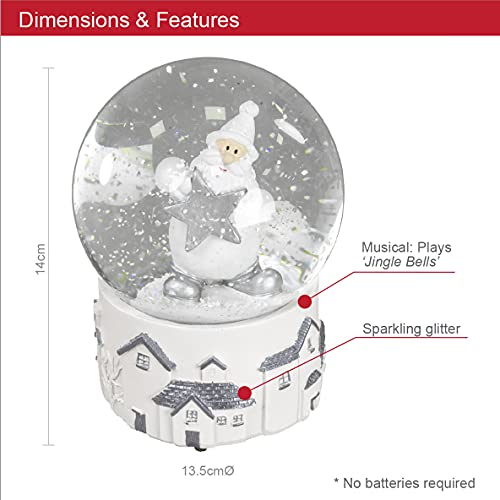 Santa in white with silver star musical Christmas snow globe