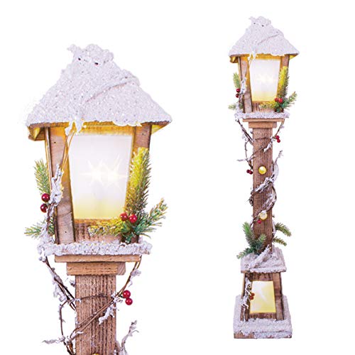 Snow Topped Wooden Lamppost / 10 Warm White LED Lights / Indoor Christmas Decorations / Frosted Star Windows / Battery Powered