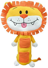 Lion character plush attached to vehicle seatbelt