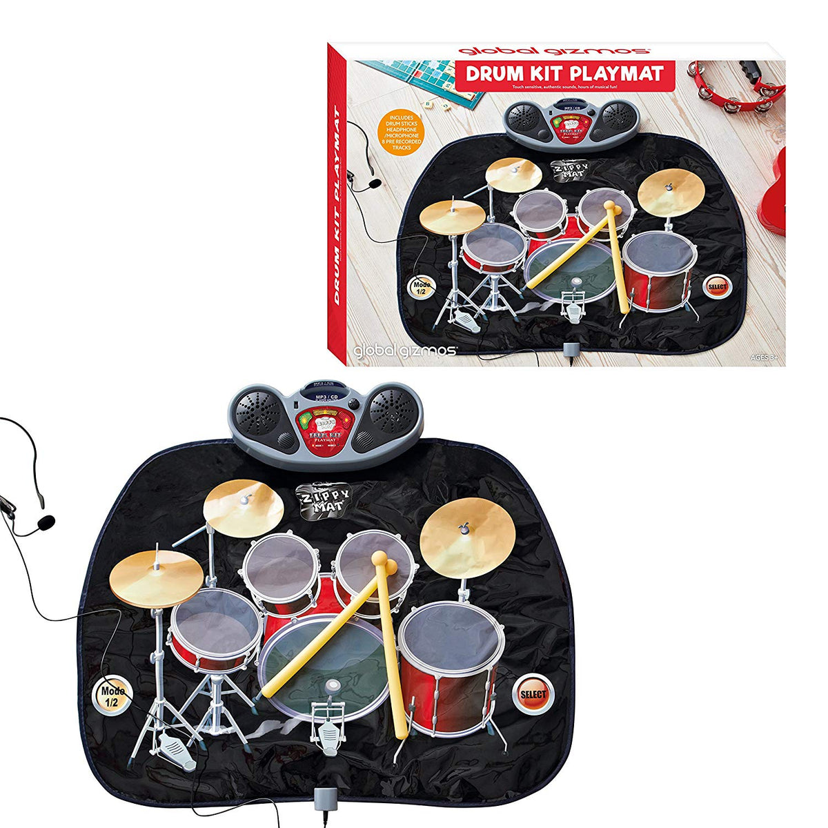 Kids drum playmat with adjustable volume and music connection
