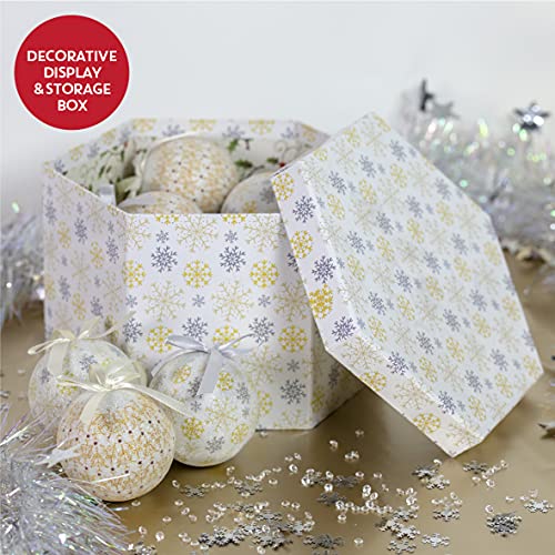 White and gold Christmas baubles with snowflake and icicle designs