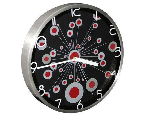 Modern radial wall clock in red, silver and black