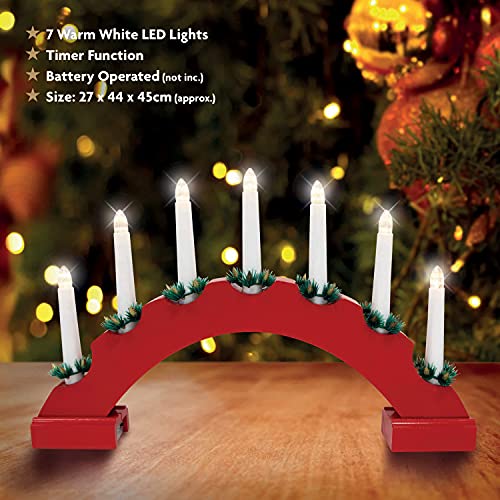 Red wooden Christmas candle bridge with seven warm white LEDs