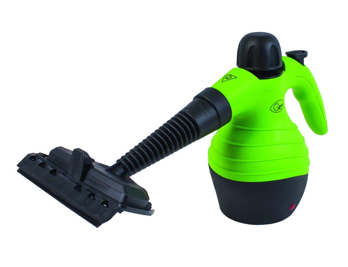 Green handheld steam cleaner for household surfaces