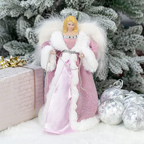 30cm pink and white angel Christmas tree topper with feathered wings