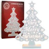 White wooden Christmas message tree with 10 warm white LEDs