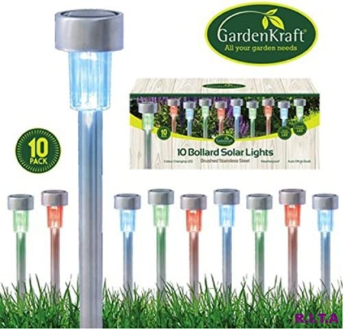 Multi Solar Powered Garden Lights/Set of 10 / Bollard Shape/Colour Changing LED’s/Rechargeable Battery/Auto-On, 10 Pack