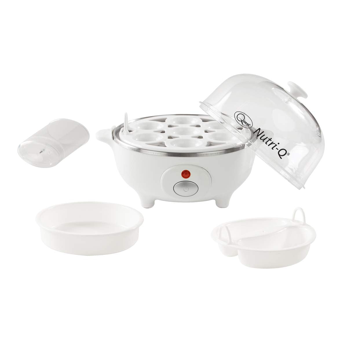 Seven-egg steam cooker with poaching tray and measuring jug
