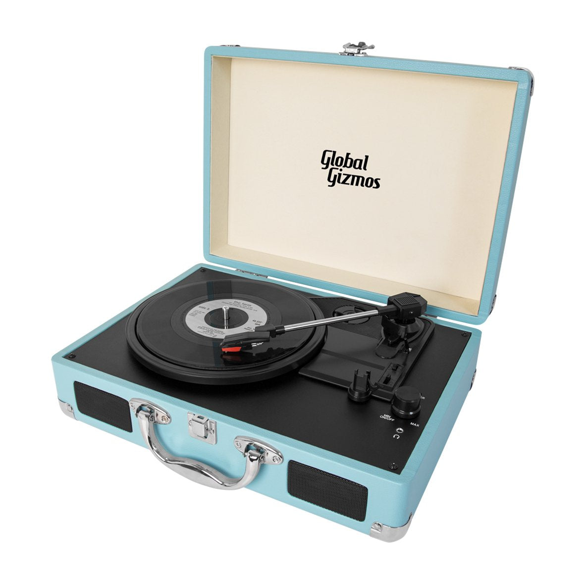 Retro blue suitcase record player open