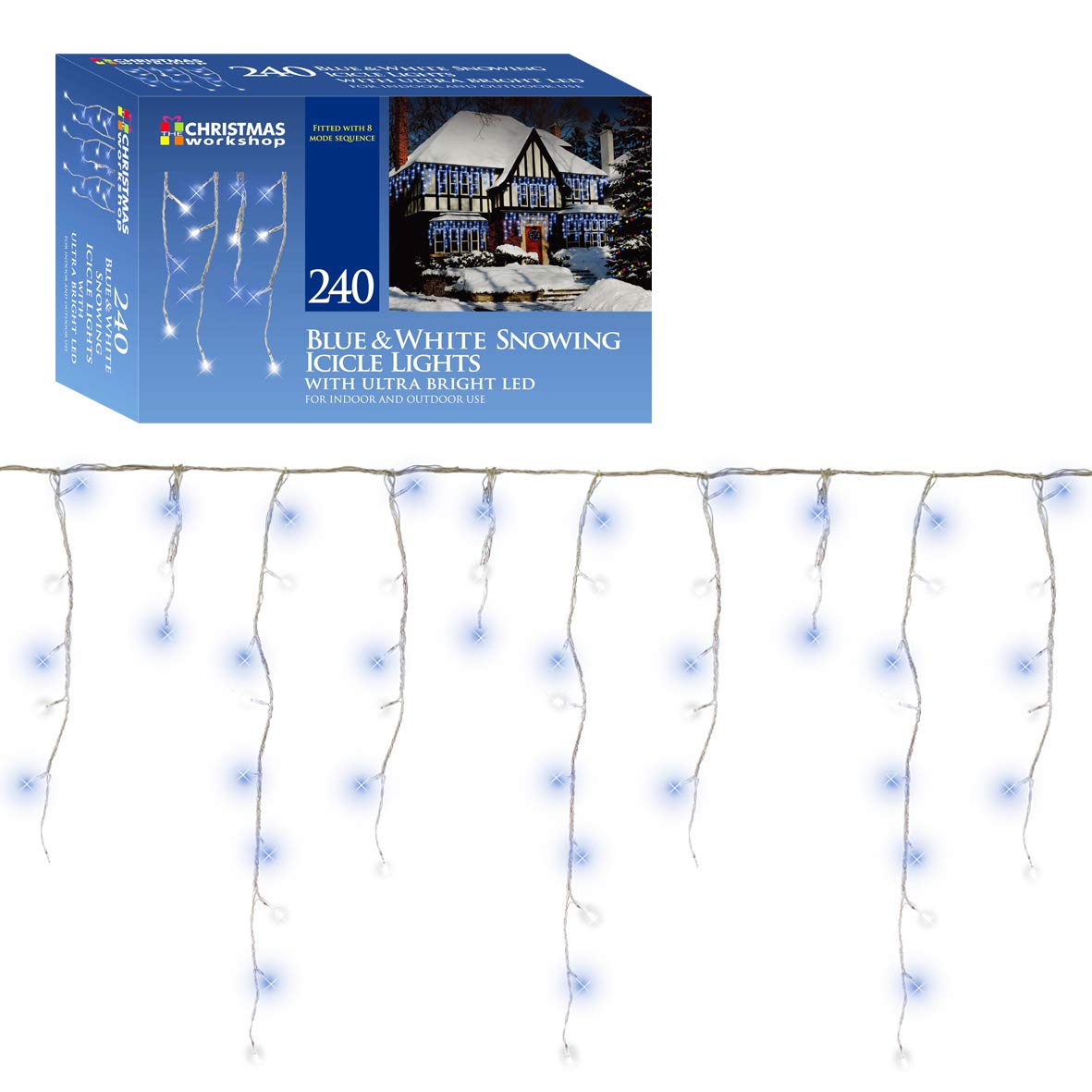 240 blue and brilliant white LED snowing icicle Christmas lights