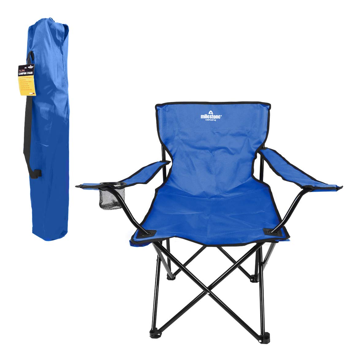 Blue folding camping chair with cup holder and carry bag