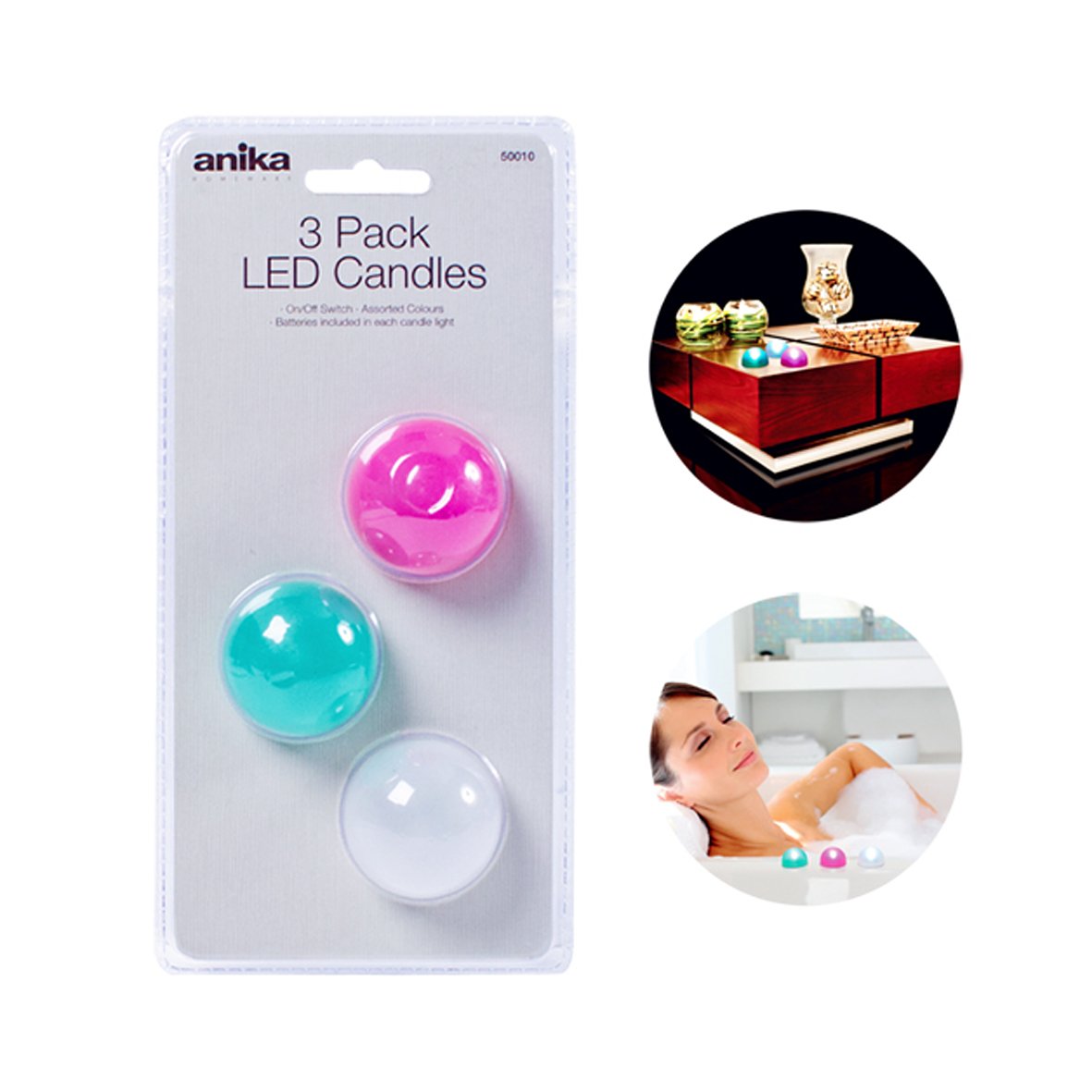 Anika set of three assorted colour LED tealight party lights